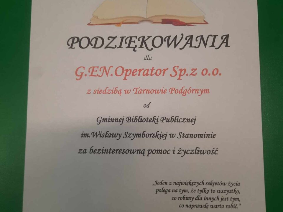 Podziękowanie dla G.EN Operator Sp.z o.o