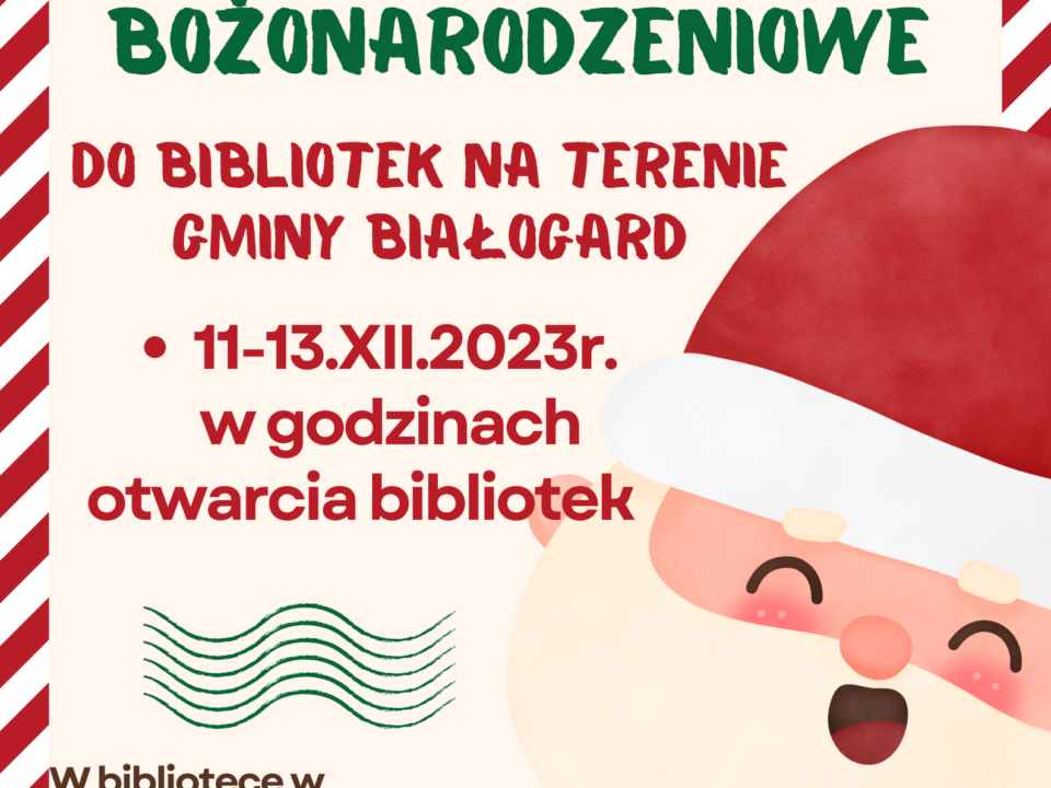 Plakat informujący o warsztatach bożonarodzeniowych w bibliotekach na terenie Gminy Białogard