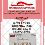 Plakat informujący o akcji "Narodowe Czytanie" w bibliotece w Stanominie