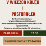Plakat informujący o koncercie kolęd i pastorałek w filii bibliotecznej w Podwilczu